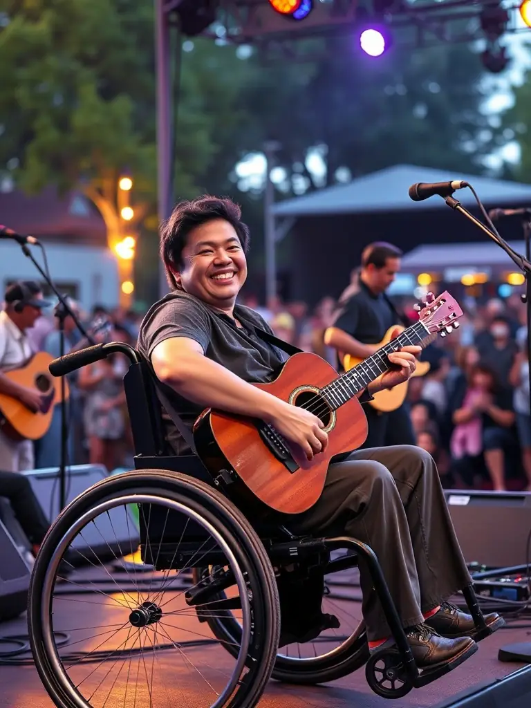 A brightly lit image of a wheelchair user joyfully playing a musical instrument alongside other musicians at a DISC HALL MUSIC concert, emphasizing inclusivity and accessibility.