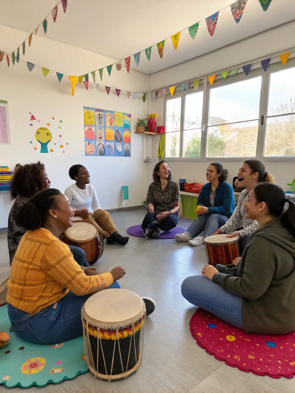 A photograph capturing a diverse group of people, including children and seniors, participating in a drumming circle at a DISC HALL MUSIC event, showcasing intergenerational engagement and community spirit.