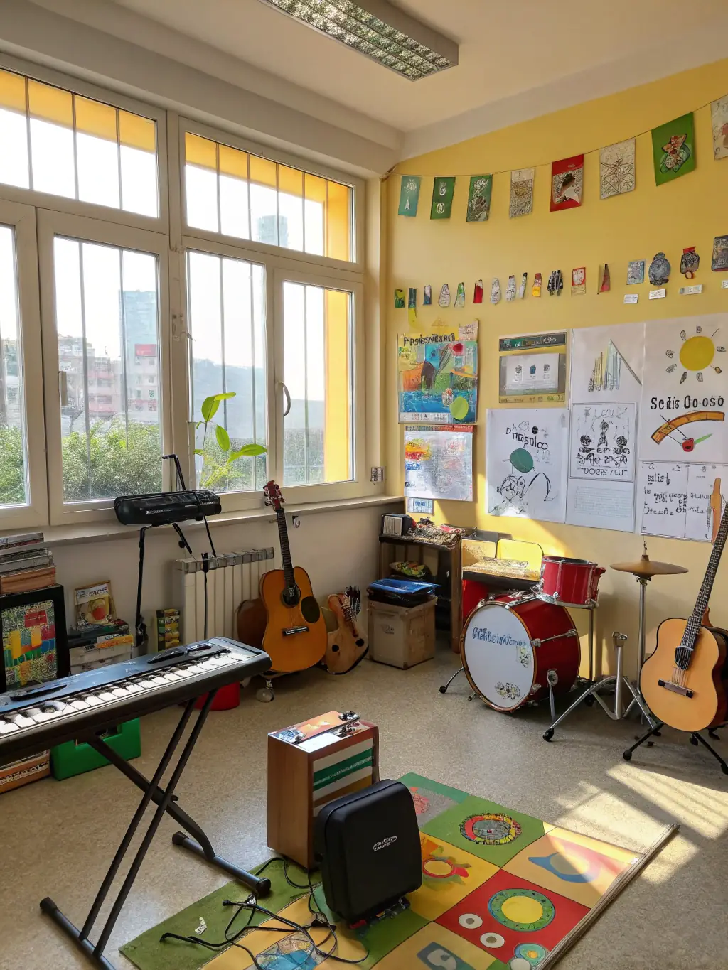 A heartwarming image of children participating in a music education program organized by DISC HALL MUSIC, emphasizing the organization's focus on intergenerational sharing and cultural dynamism.