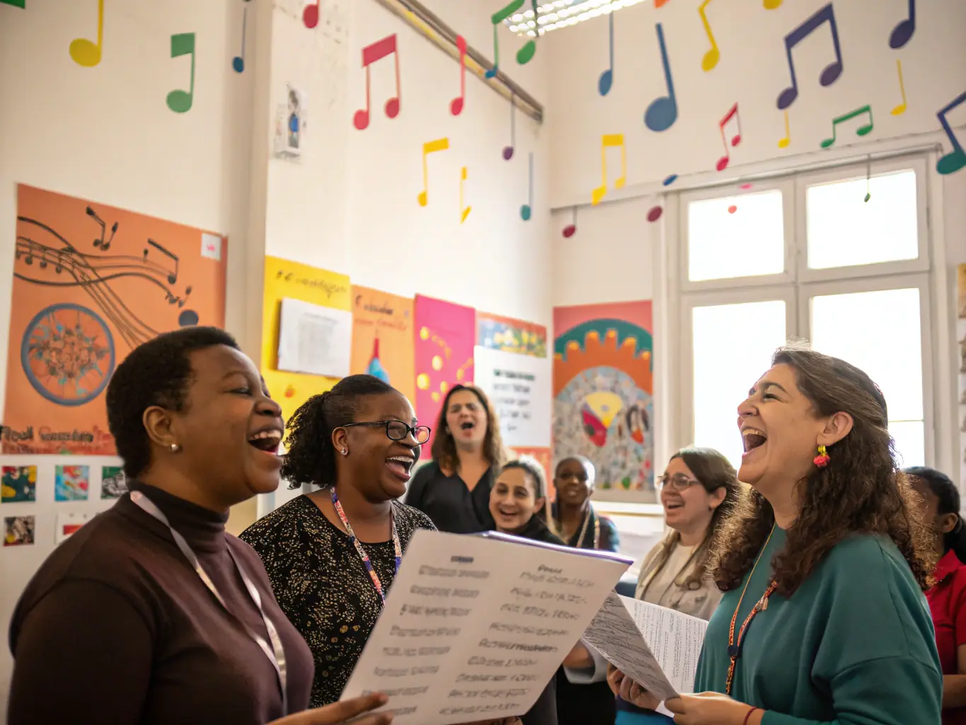 A photograph showing a diverse group of adults participating in a community choir workshop, led by a professional musician. The atmosphere is joyful and collaborative, with participants singing together in harmony.