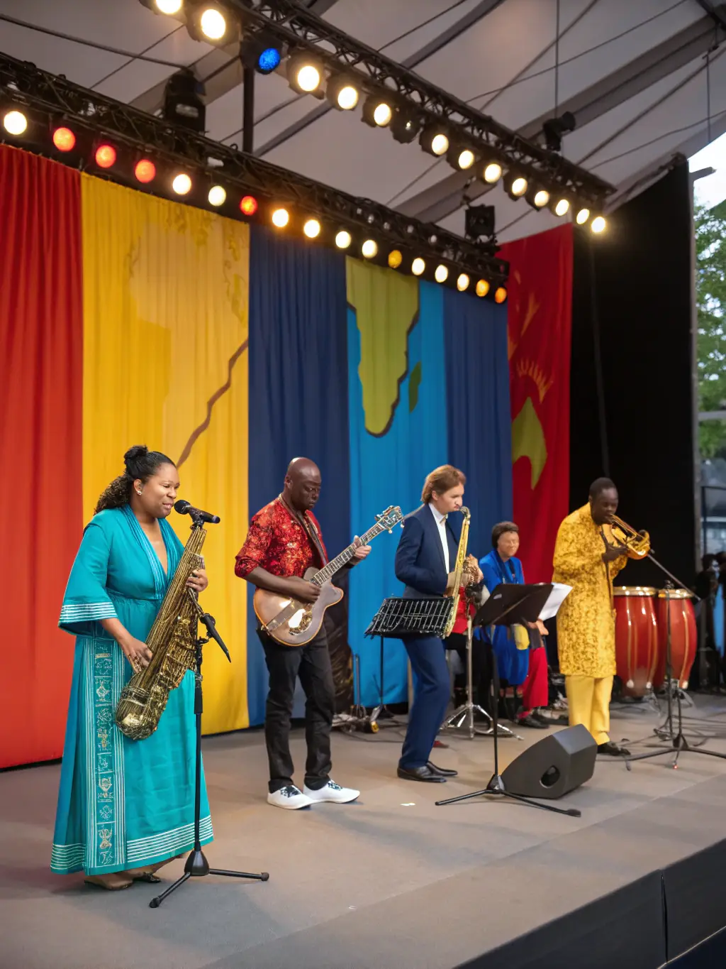 A vibrant photograph capturing a diverse group of musicians performing together at a DISC HALL MUSIC event, showcasing the organization's commitment to cultural diversity and artistic collaboration.