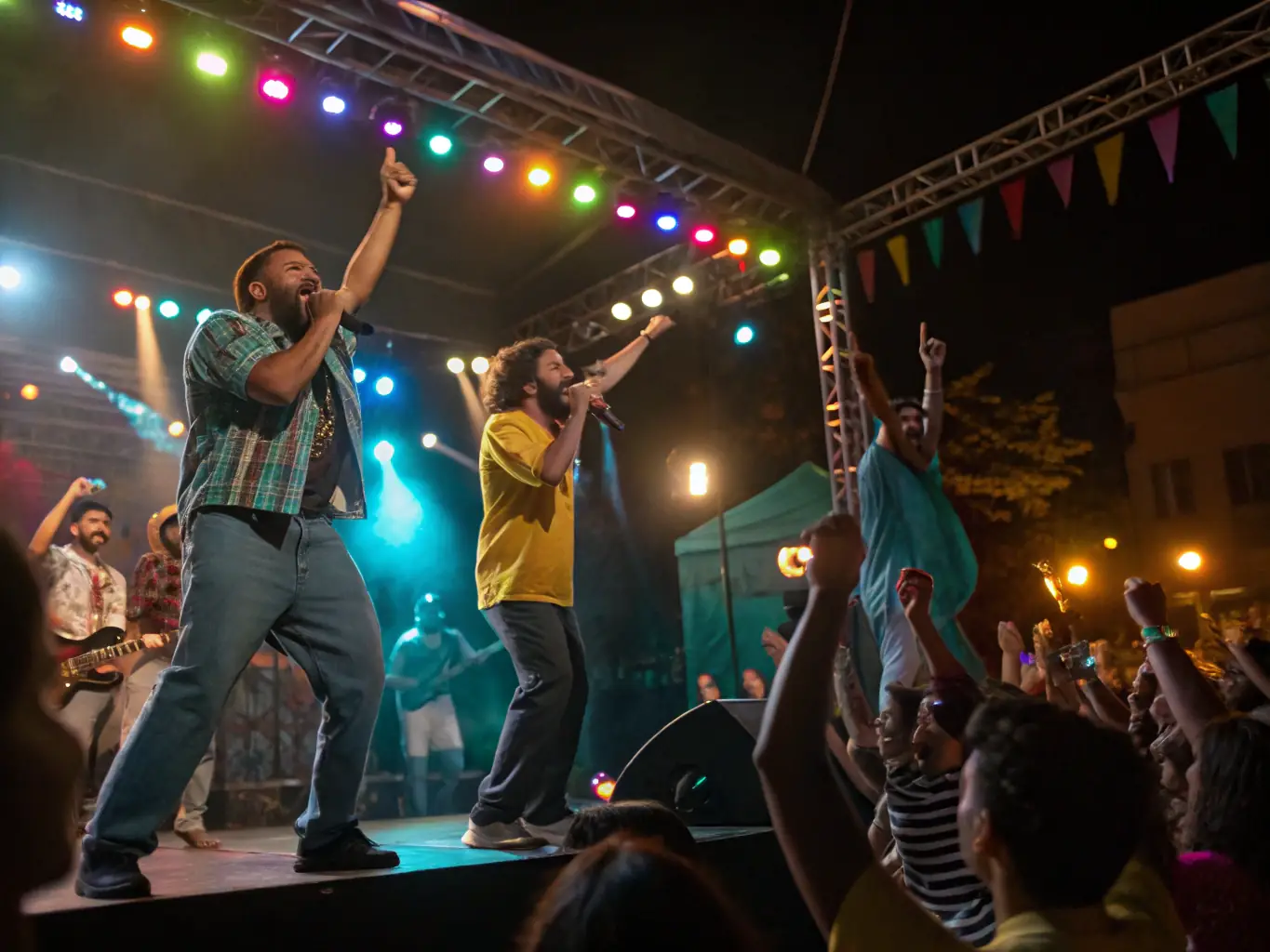 A photograph capturing a live performance at a DISC HALL MUSIC event, featuring a local band playing a mix of traditional and contemporary music. The audience is diverse and engaged, dancing and enjoying the vibrant atmosphere.