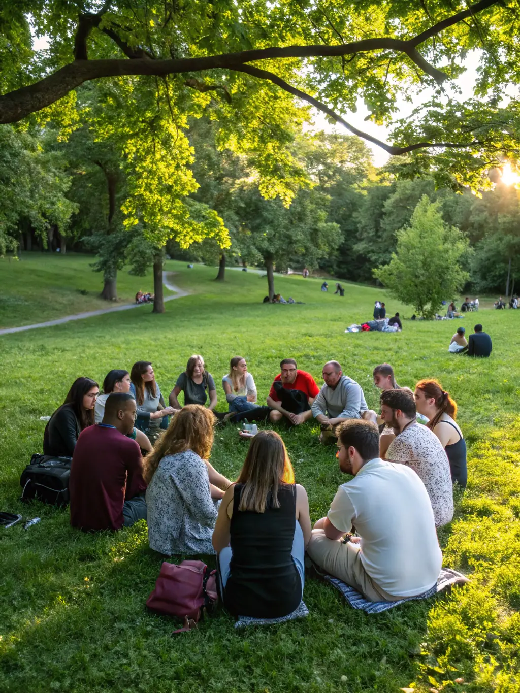 A photograph of a diverse audience, representing various ethnic backgrounds, engaged in a lively discussion after a DISC HALL MUSIC performance, illustrating the organization's role in promoting cultural understanding.
